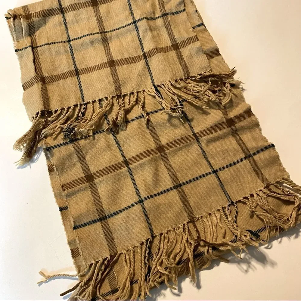 Tan camel tartan plaid scarf beige tan and chocolate unisex men woman 11x66